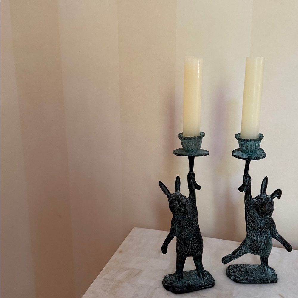 Verdigris Rabbit Candle Holders - Pair - Picture 8 of 10